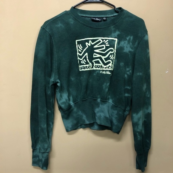 Keith Haring Womens Med Crop Sweatshirt Sweater Fleece Tie Dye Green Art to Wear - Picture 1 of 5